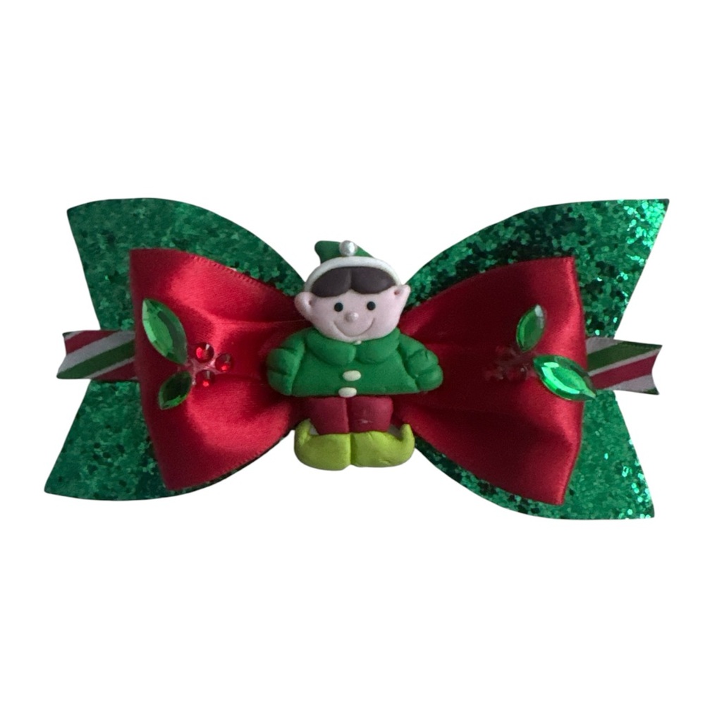 Glittery Green and Red Elf Bow